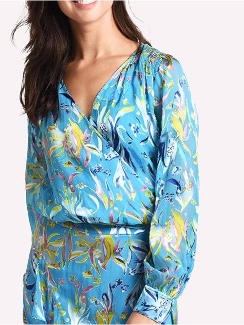 NWOT Tanya Taylor Printed Klara Long Sleeve V-Neck Wrap Top Blouse Blue Silk